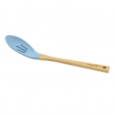Силиконовая голубая ложка с прорезями с бамбуковой ручкой