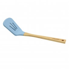Силиконовая голубая лопатка с прорезями с бамбуковой ручкой