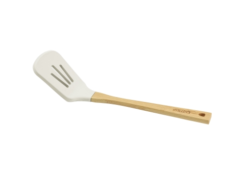 Силиконовая белая лопатка с прорезями с бамбуковой ручкой